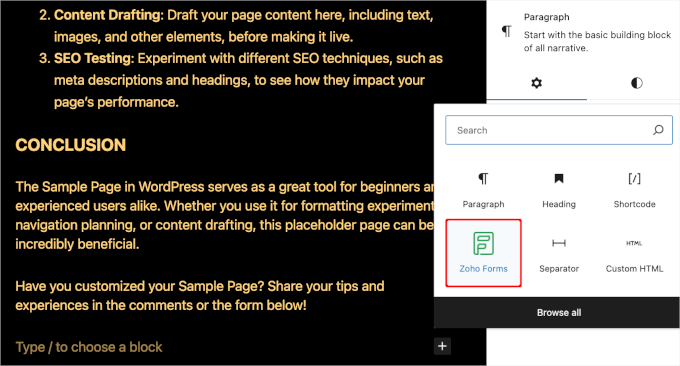 Adding the Zoho Forms block to WP content editor