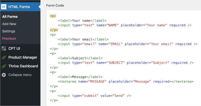 The form code editor in HTML Forms