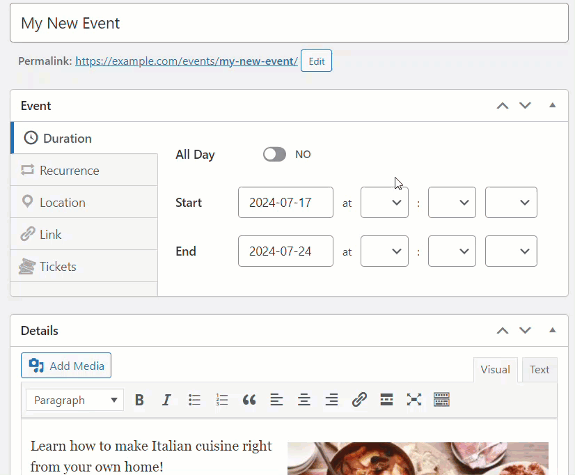 event builder sugar calendar