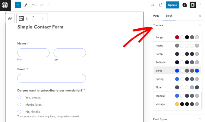 The themes section in the WPForms block setting