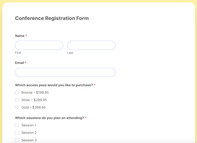 Registration form on a live website