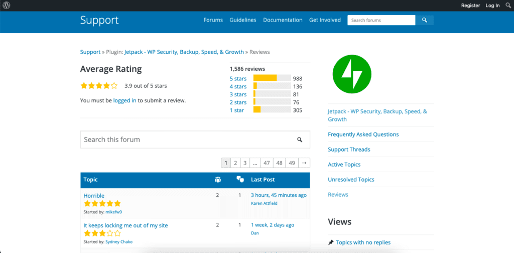 The reviews and support page for WordPress's Jetpack plugin
