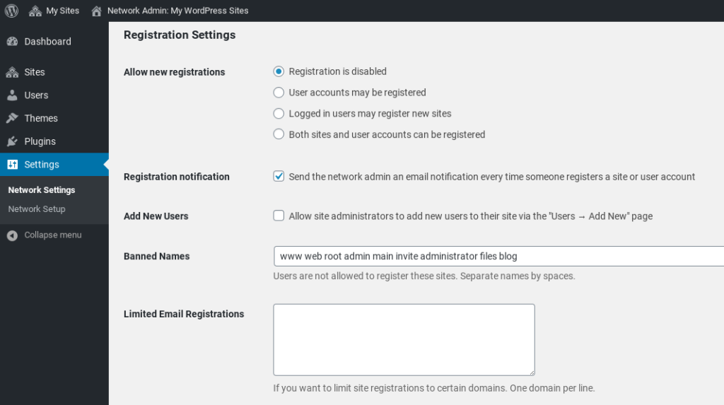 Configuring WordPress Multisite network registration settings.