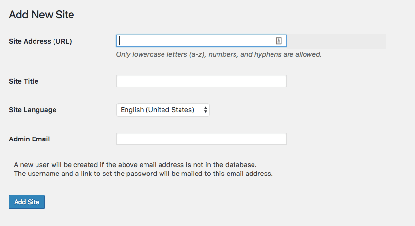 Adding a new site to a WordPress Multisite network.