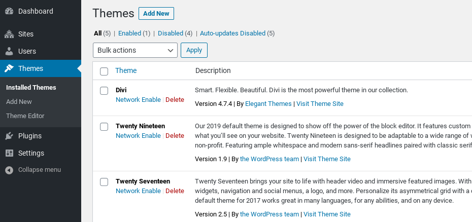 WordPress Multisite network Themes page.