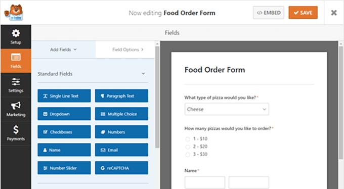 newly created takeout delivery form