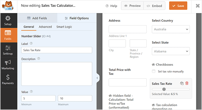 Tax calculator form template