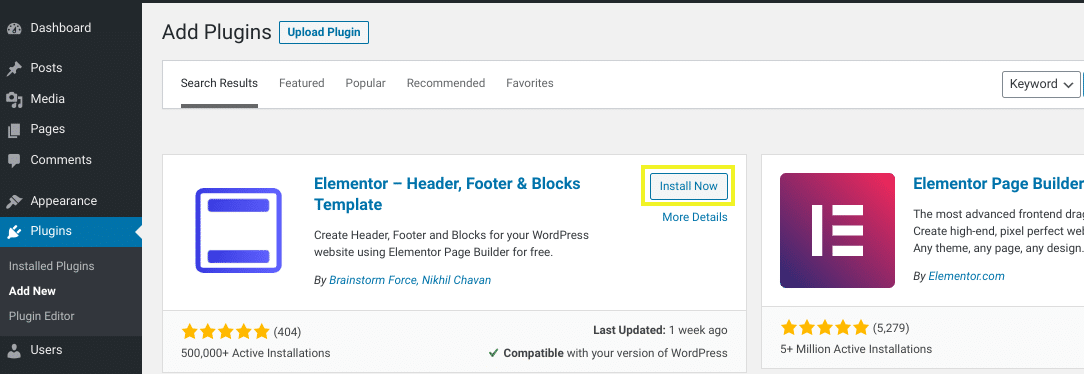 The option to install the Elementor Footer Template plugin in WordPress.