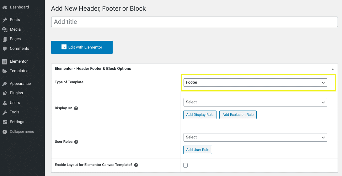 The screen to add a new footer template in the Elementor WordPress plugin.