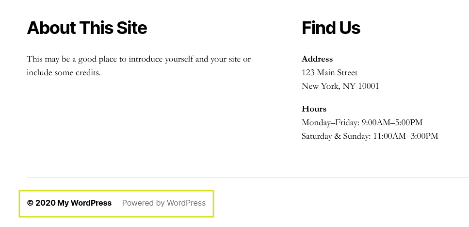 The 'Powered by WordPress' footer credit in the TwentyTwenty WordPress theme.