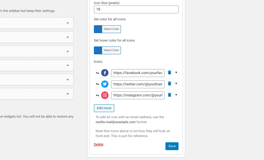 The section in the Social Icons Widget to customize the linked profiles.