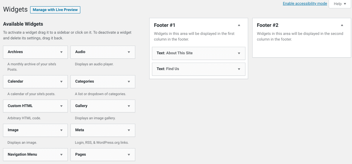 The footer widgets screen in WordPress.