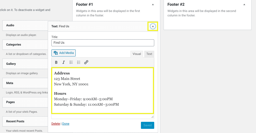 A footer text widget in WordPress.