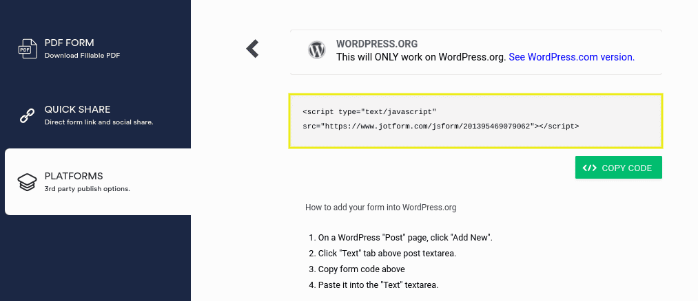 The embed code of a PDF fillable form on JotForm.