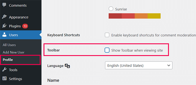 Disable admin bar in user profile