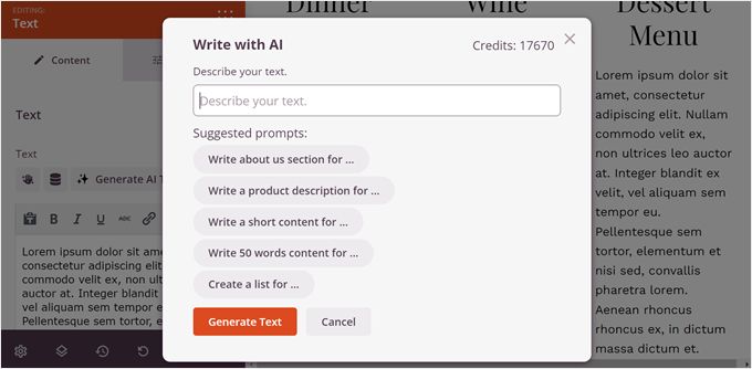 Inserting a prompt to generate text with SeedProd AI content generator