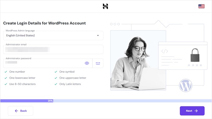 Creating a new WordPress account in Hostinger