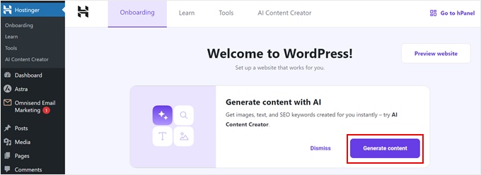 Generating AI text content in Hostinger WordPress AI Assistant