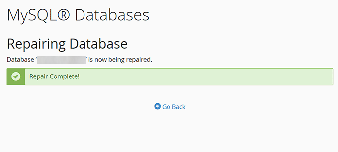 Database repair success message