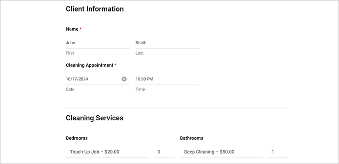 Cleaning services form preview with WPForms