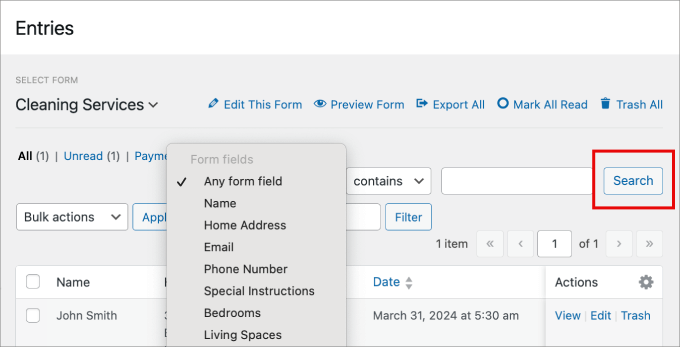 filter form fields in wpform entries