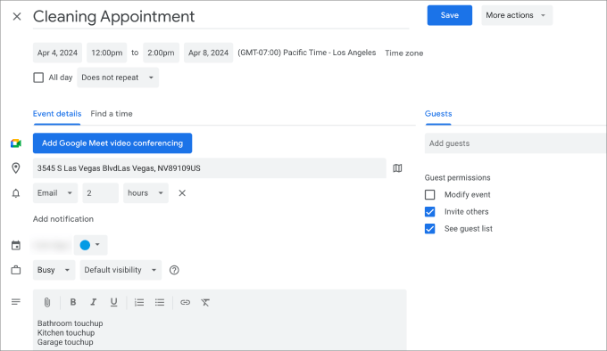 google calendar cleaning appointment