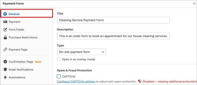 title and description of payment form