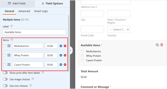 Add names and pricing for the items you want to sell using the form