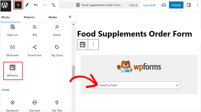 Add food supplements order form to page using a block