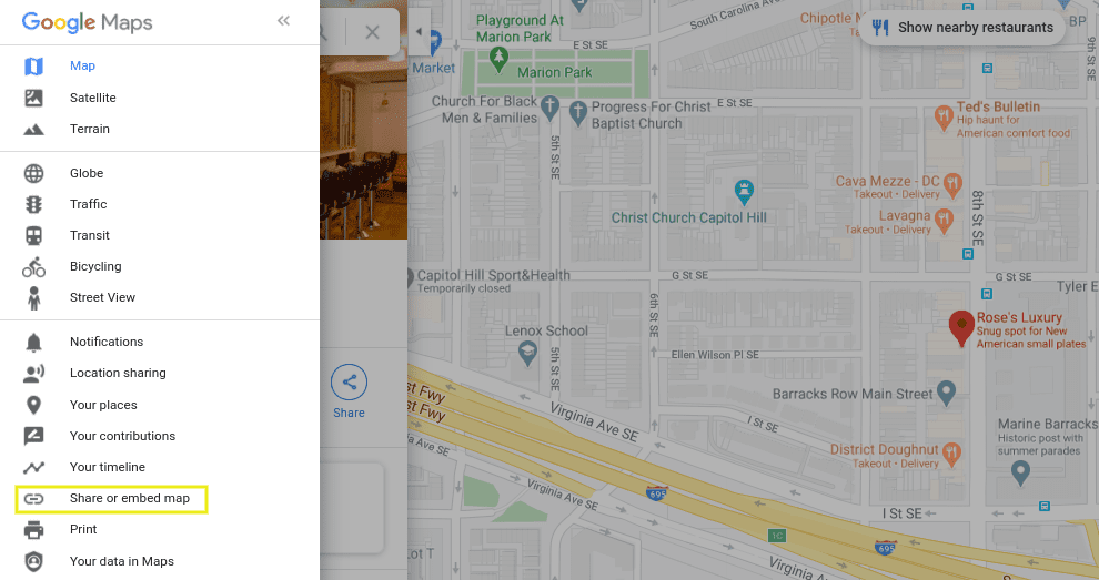 The menu option to share or embed a Google Map.