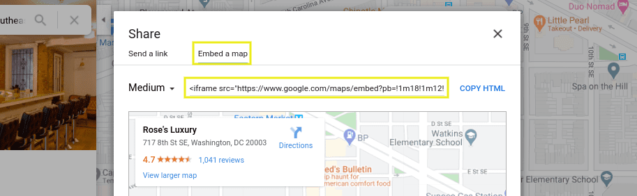 The embedded code of a Google Map.