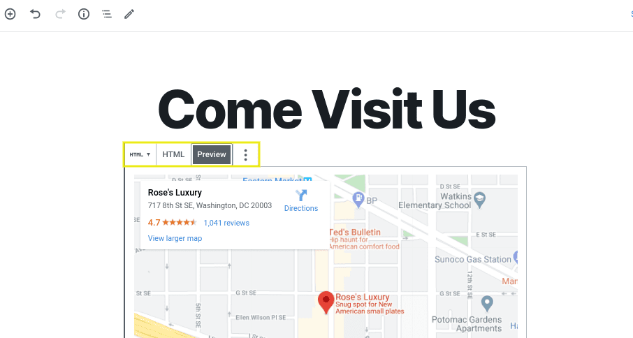 A preview of an embedded Google Map in the WordPress editor.
