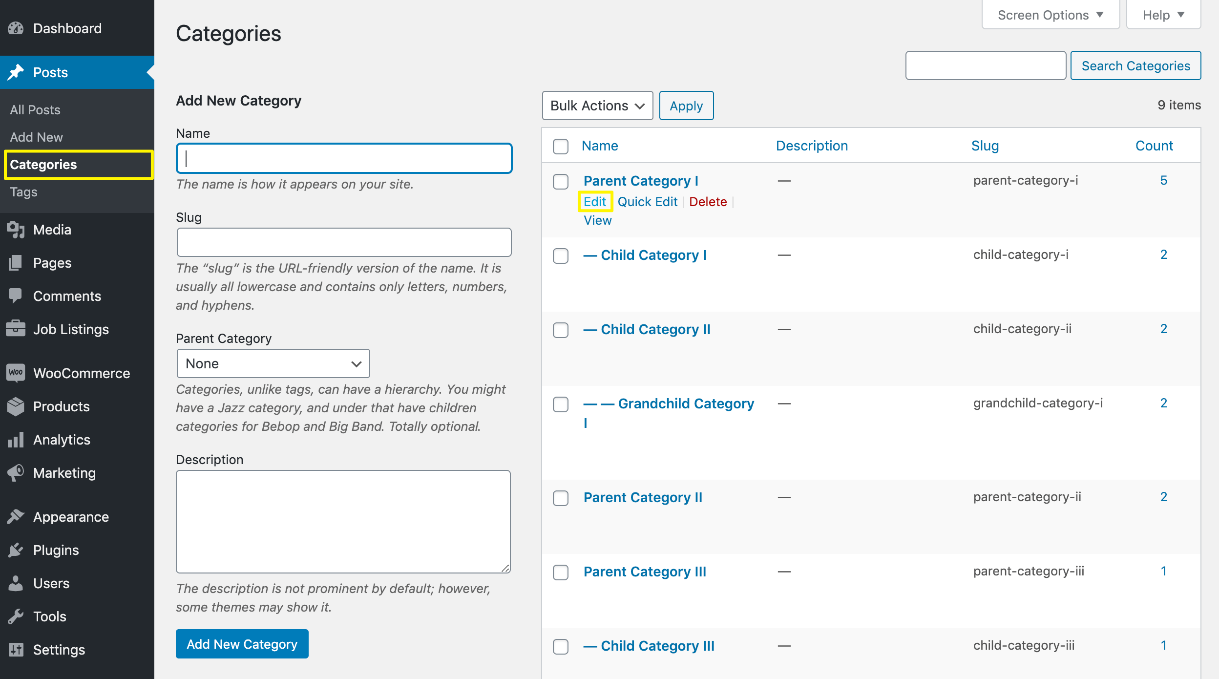 Editing a WordPress category.