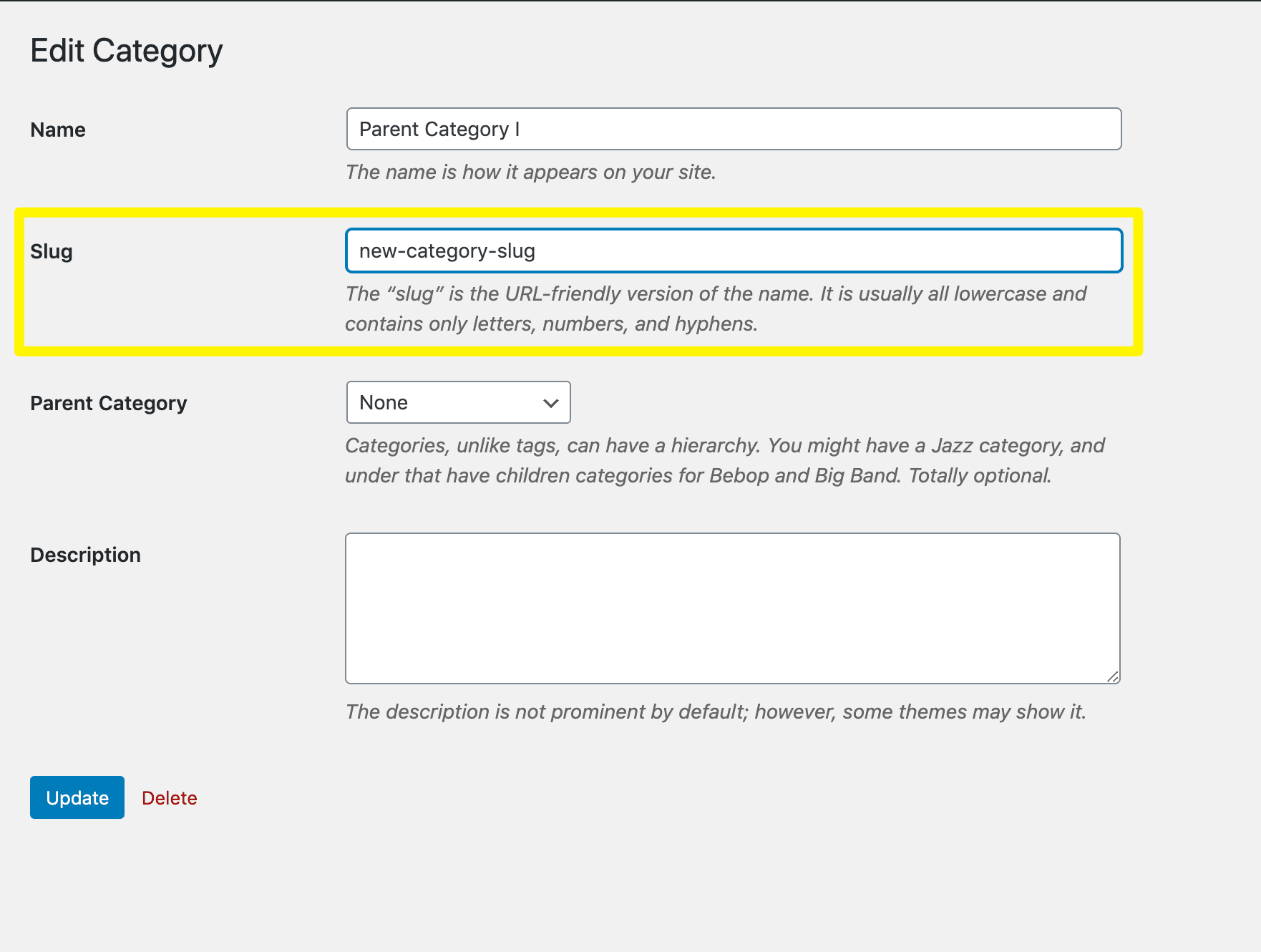 Changing a WordPress category slug.