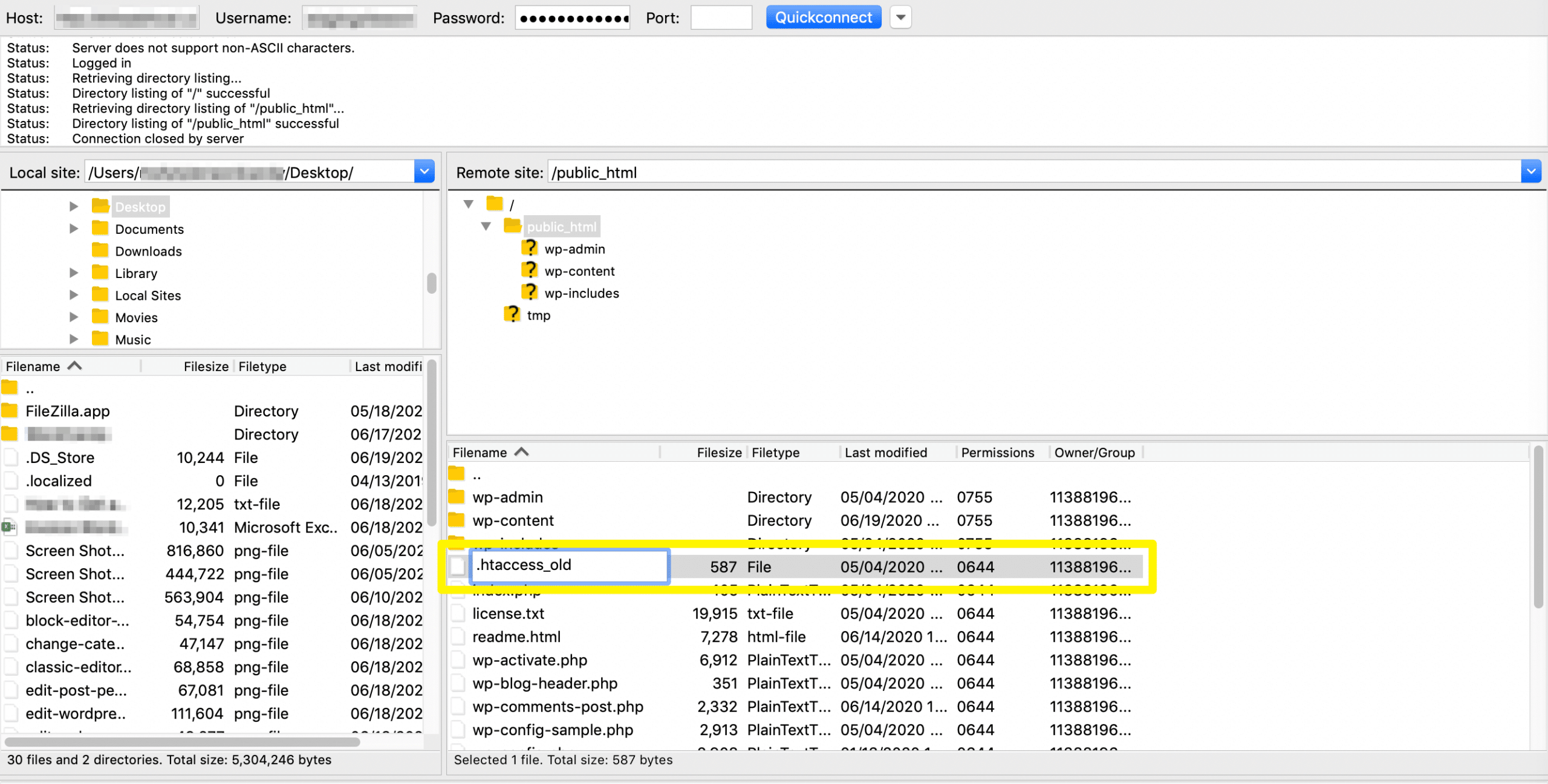 Renaming .htaccess via FTP to disable it.