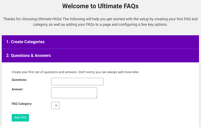 The setup page of Ultimate FAQs