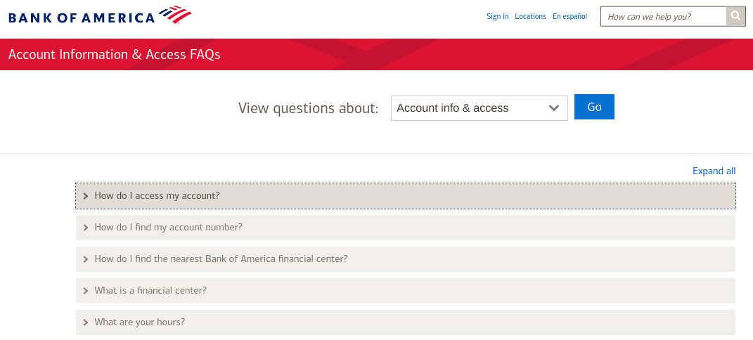 The FAQs page on the Bank of America website.