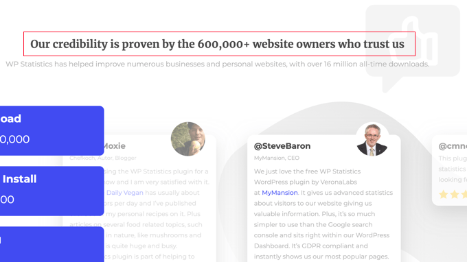 Social Proof Used on the WPStatistics Landing Page