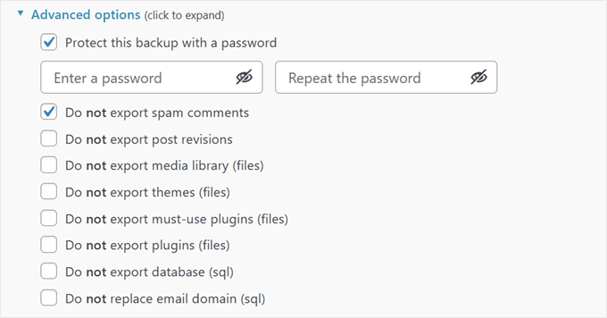 All in One WP Migration's advanced backup settings
