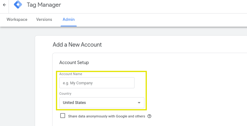 The Account Set Up page on Google Tag Manager.