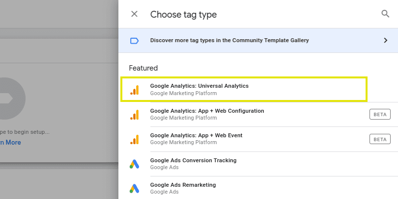 The settings page on Google Tag Manager to choose a new tag type.