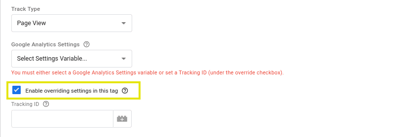The option to enable override settings on Google Tag Manager.
