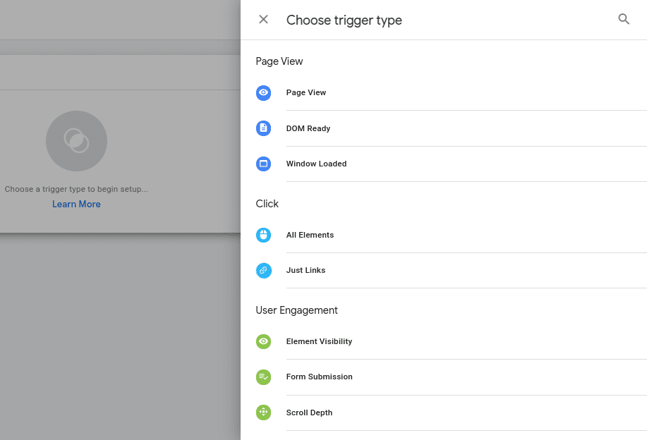 The list of trigger types in Google Tag Manager.