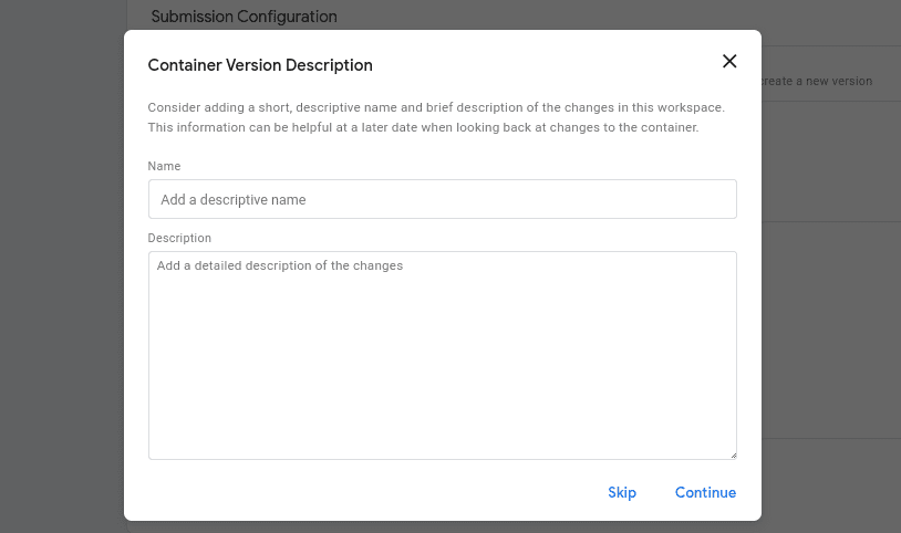 The Container Version Configuration page on Google Tag Manager.