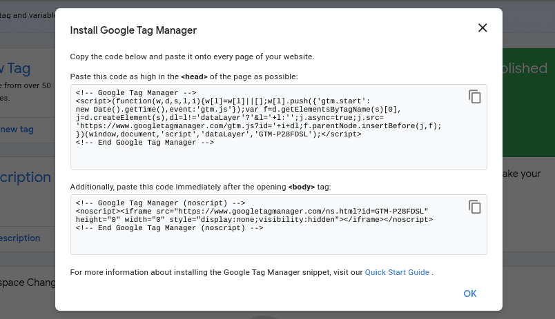 Code snippets pop-up window for a new Google Tag Manager account.