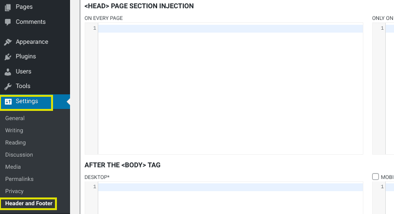 The settings page on the Header and Footer WordPress Tag Manager plugin.