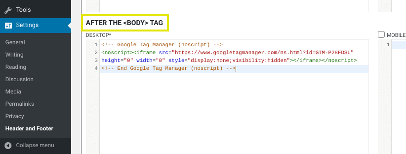 The body tag code from the Header and Footer plugin.