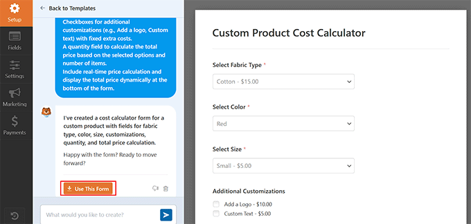 Create custom product cost calculator form with AI