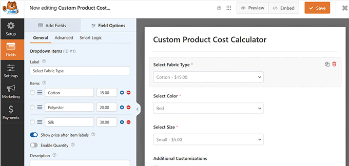 Edit the cost calculator form