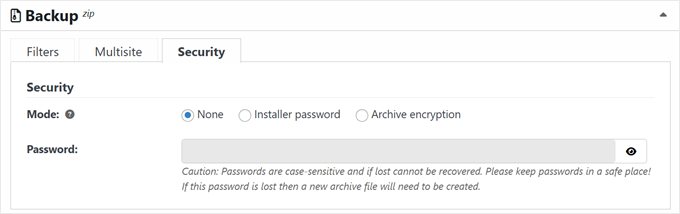 Adding security features to the WordPress multisite backup in Duplicator